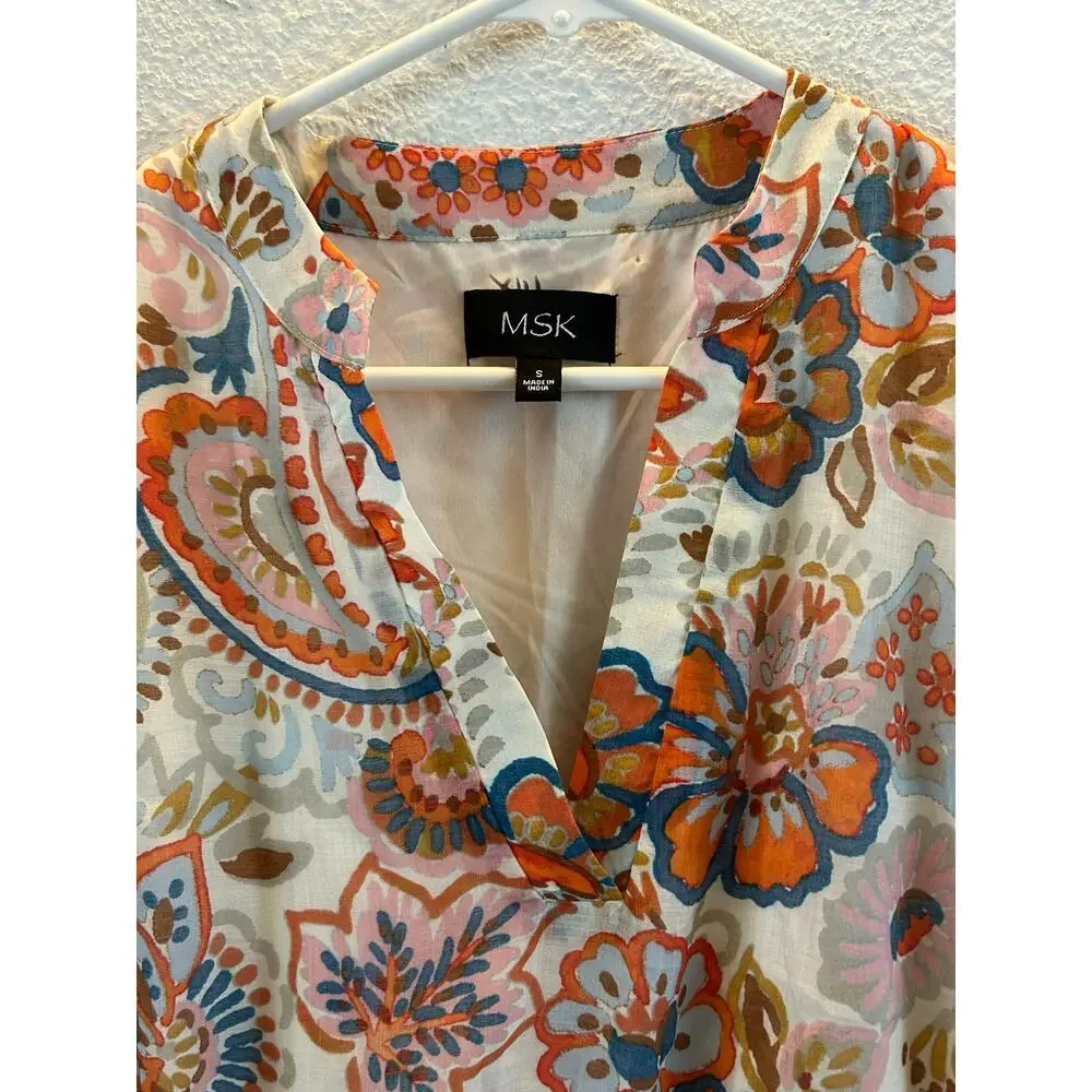 MSK orange blue floral lined dress wedding Small high low cinch waist